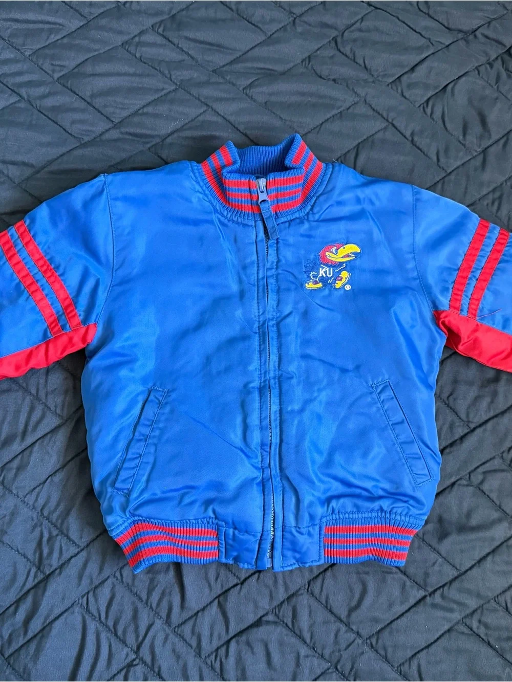 STARTER Kansas Jayhawks Blue and Red Kids Bomber Jacket with Team Patch
